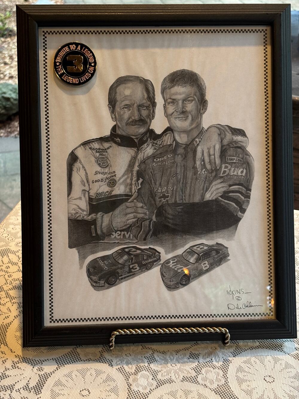 Framed Dale Earnhardt & Jr. Nascar Racing Sketch Print Signed Dale Adkins